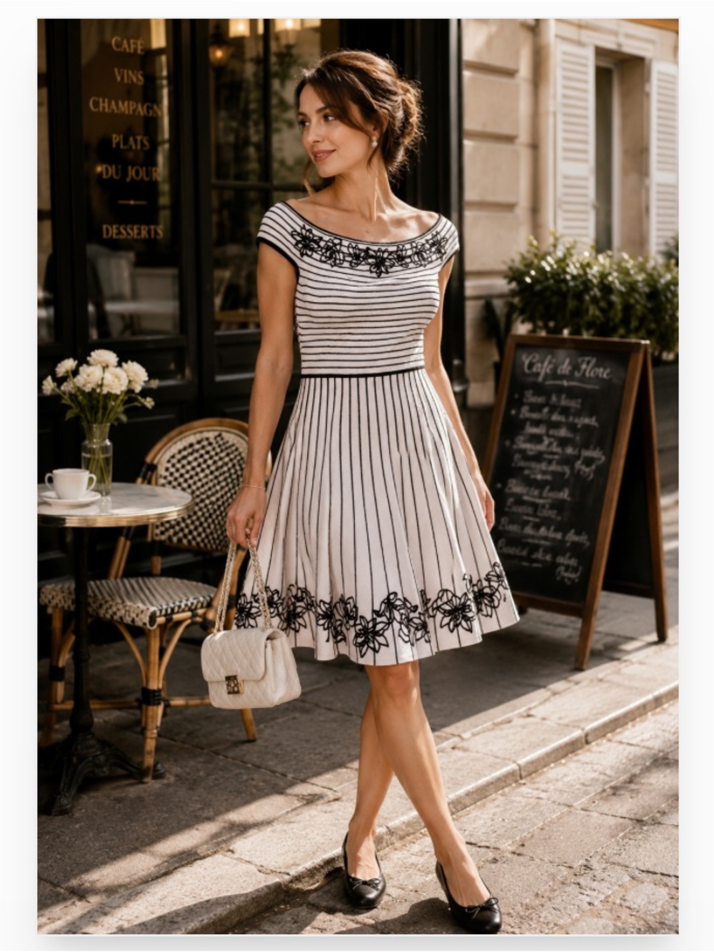 ZAC Zac Posen Knit Fit & Flare Dress M Off Shoulder Striped Floral Embroidered